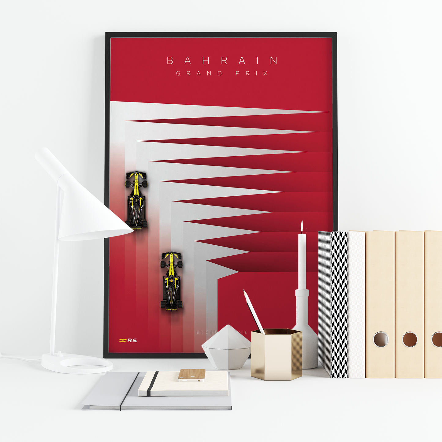 a white desk with a red poster on it