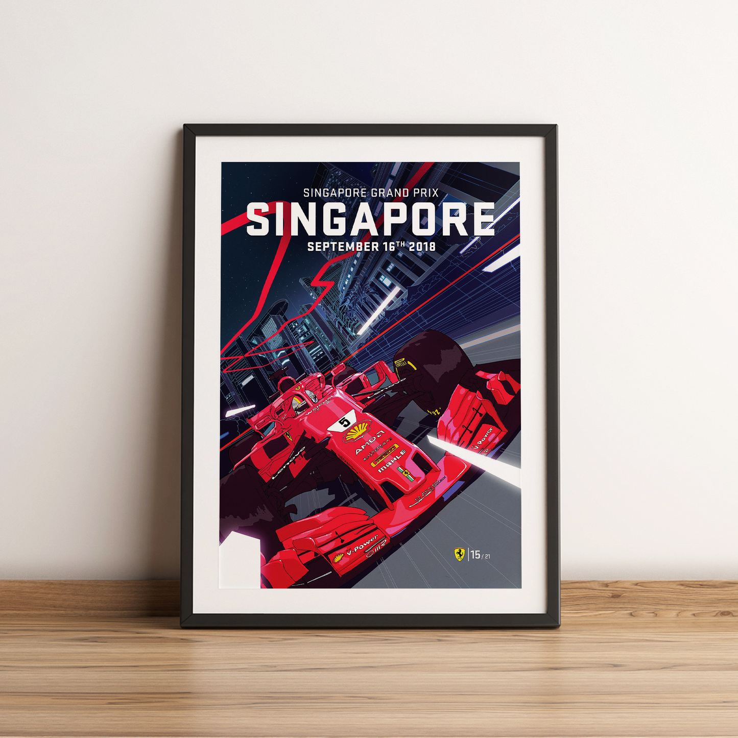 a framed poster of a racing car in singapore